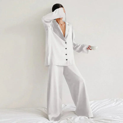 Damen Pyjama Satin Weiss Weite Hose