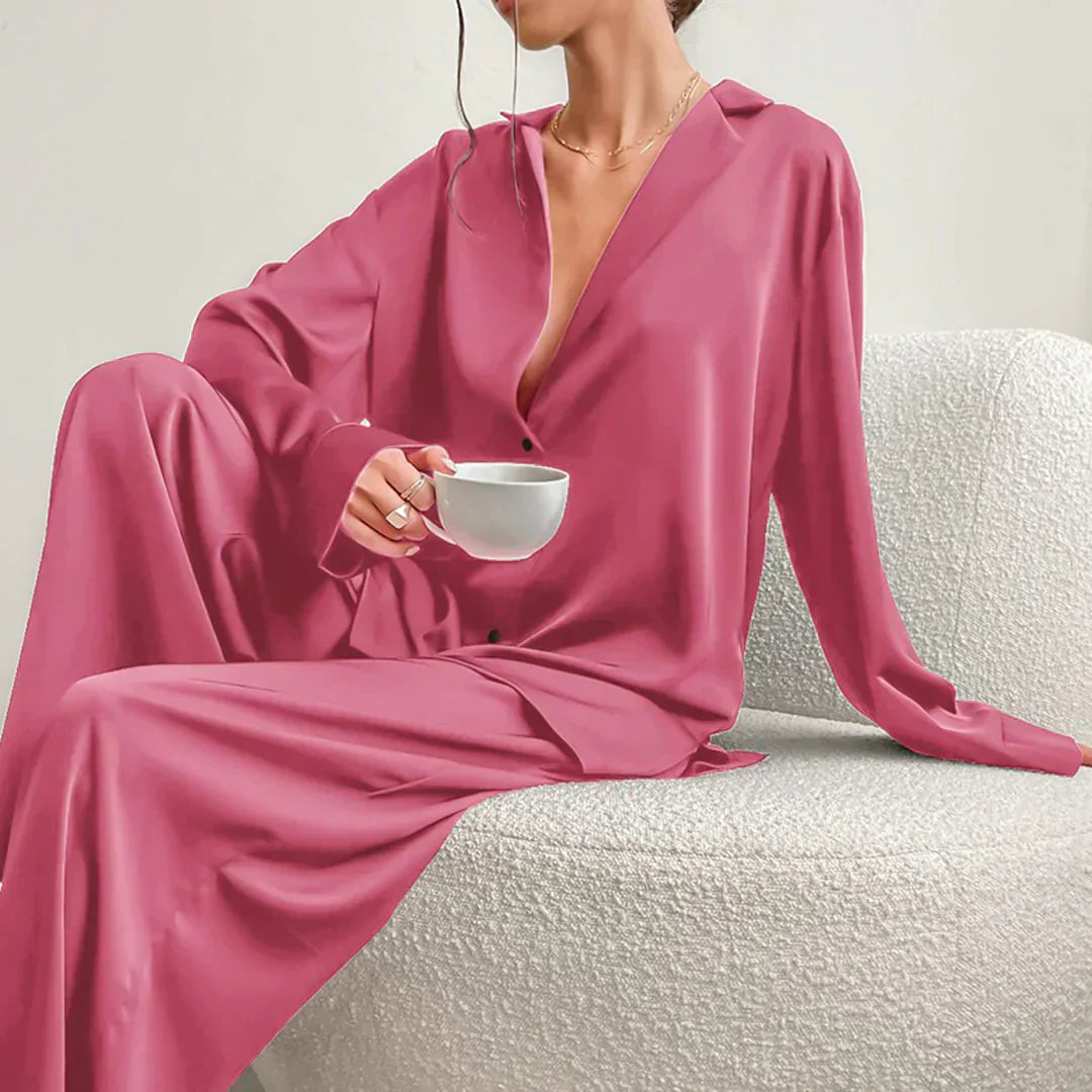 Damen Pyjama Satin Weiss Weite Hose