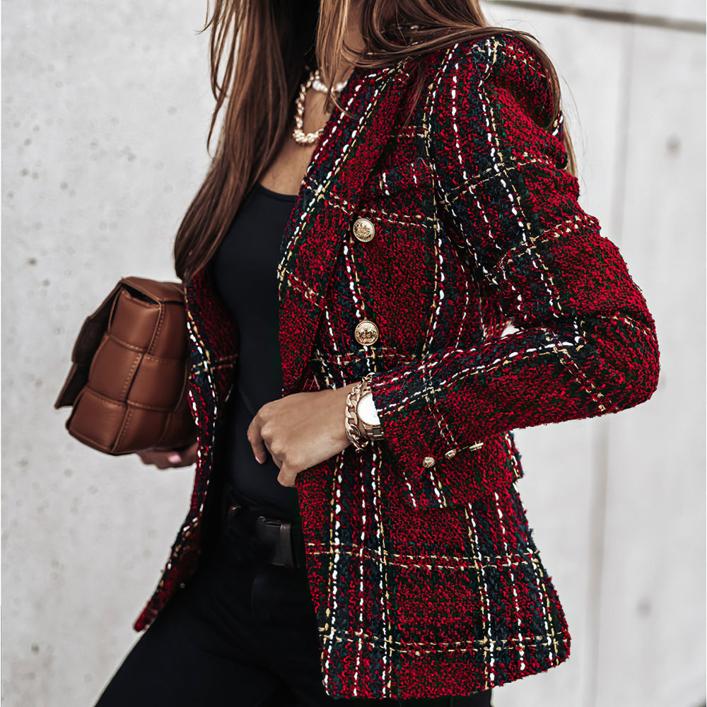 Damen Blazer Karo Muster Strick Optik