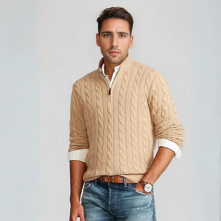 Herren Pullover Viertelreißverschluss Zopfmuster