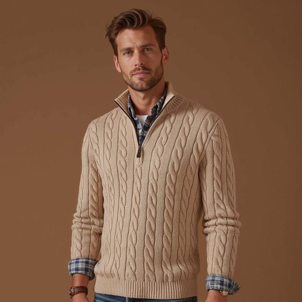 Herren Pullover Viertelreißverschluss Zopf Muster - IdealeKleiden