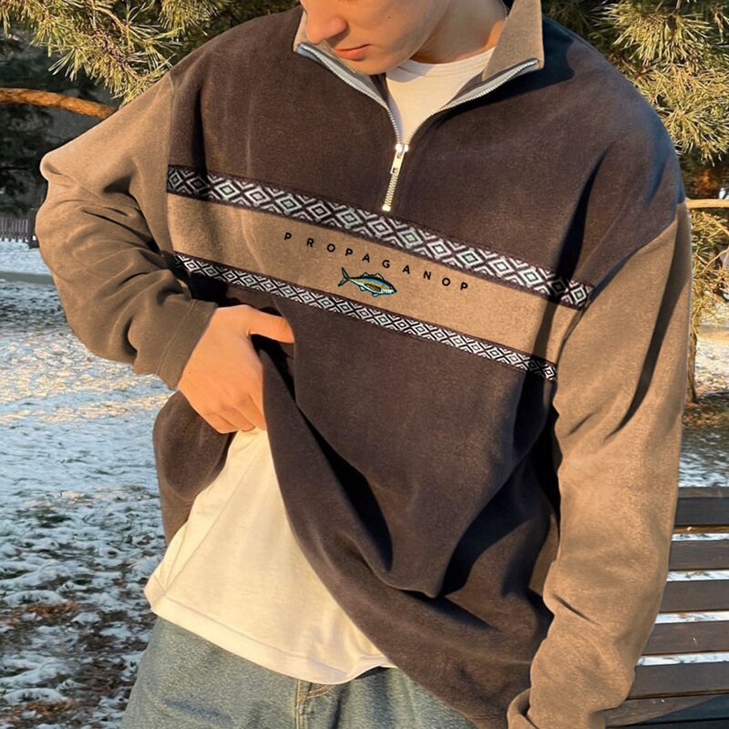 Herren Pullover Lässig Oversized Sweatshirt Viertelreißverschluss