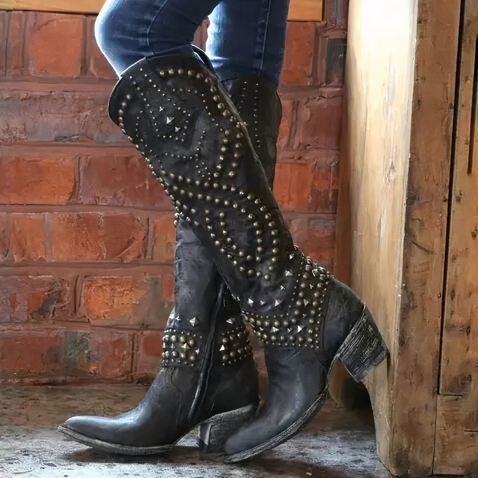 Stylische Stiefel Nieten Chunky Heel Kniehoch