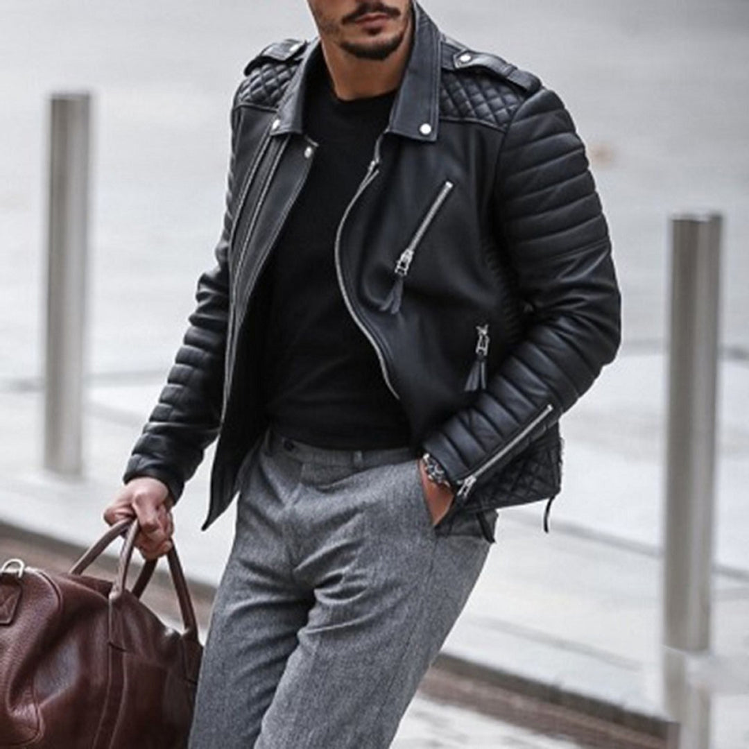 Herren Lederjacke Bikerstyle Mit Noppen Schulter - IdealeKleiden