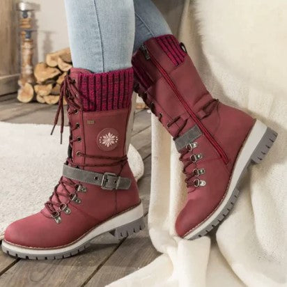 Knöchelhohe Strickstiefel Damen Schnürsenkel Reißverschluss