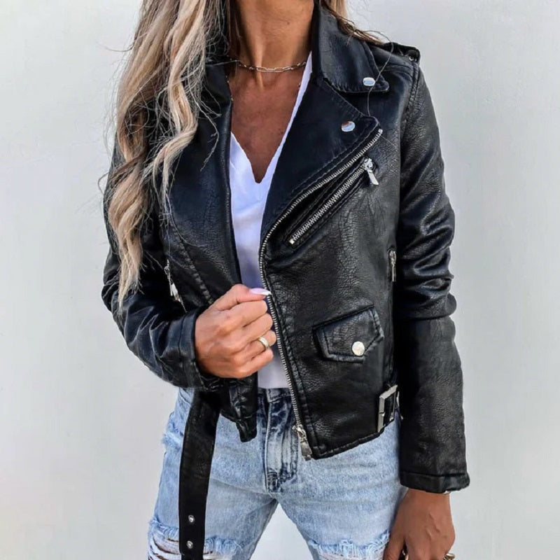 Elegante Lederjacke Damen Reverskragen Stil - IdealeKleiden