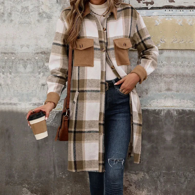 Damen Lange Karierte Steppjacke Mit Taschen