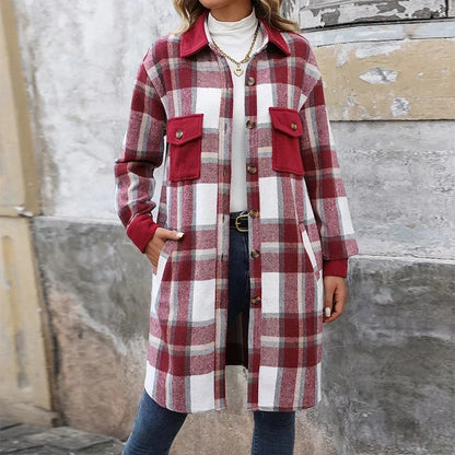 Damen Lange Karierte Steppjacke Mit Taschen