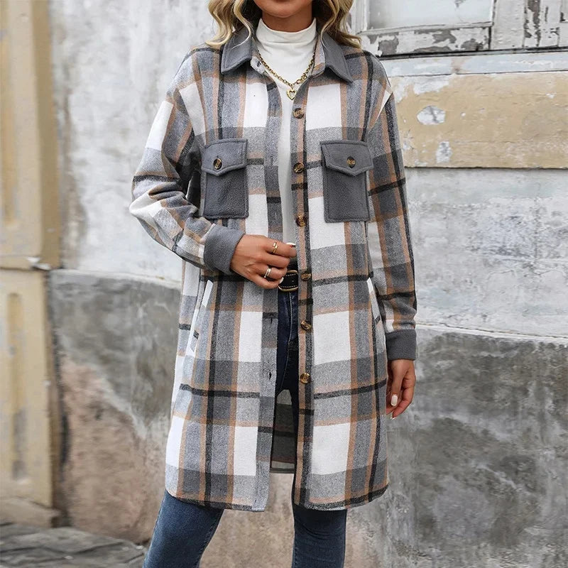 Damen Lange Karierte Steppjacke Mit Taschen