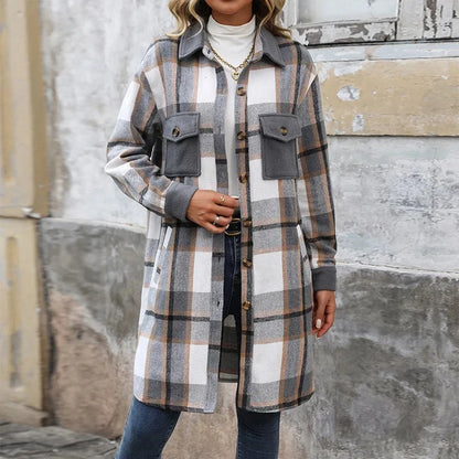 Damen Lange Karierte Steppjacke Mit Taschen