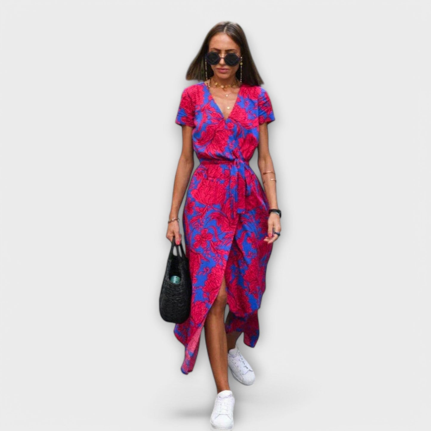 Damen Langkleid Elegant V-Ausschnitt mit Gürtel