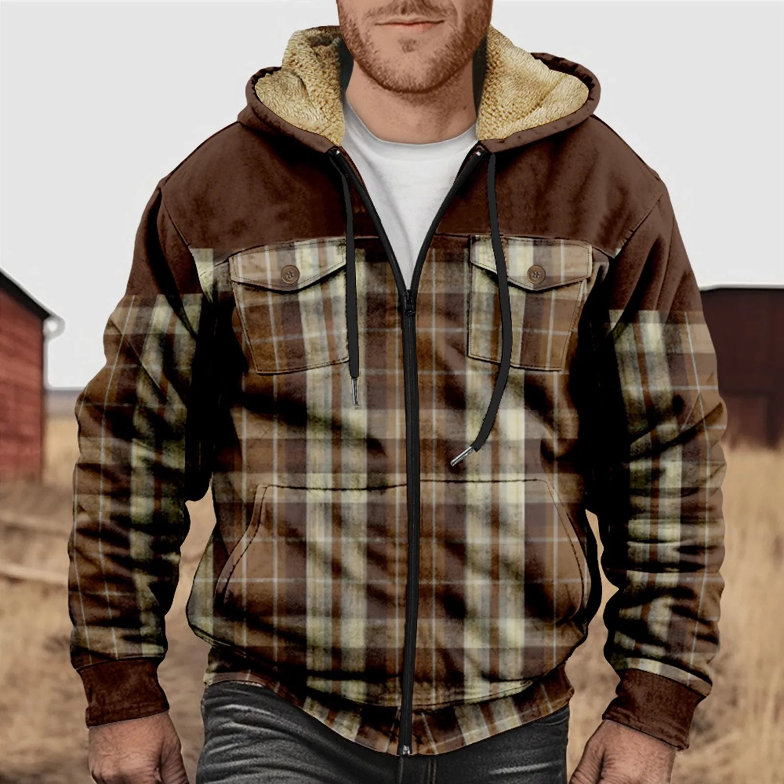 Herren Flanellhemd Kariert Fleece Warm Kapuze - IdealeKleiden
