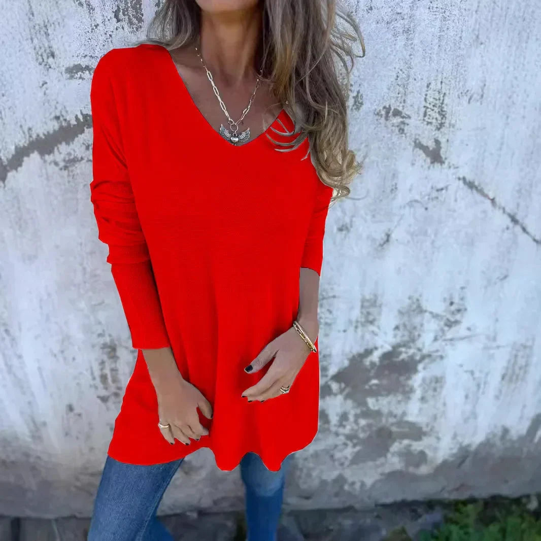 Damen Oberteil Herbst Chic Langarm V-Ausschnitt