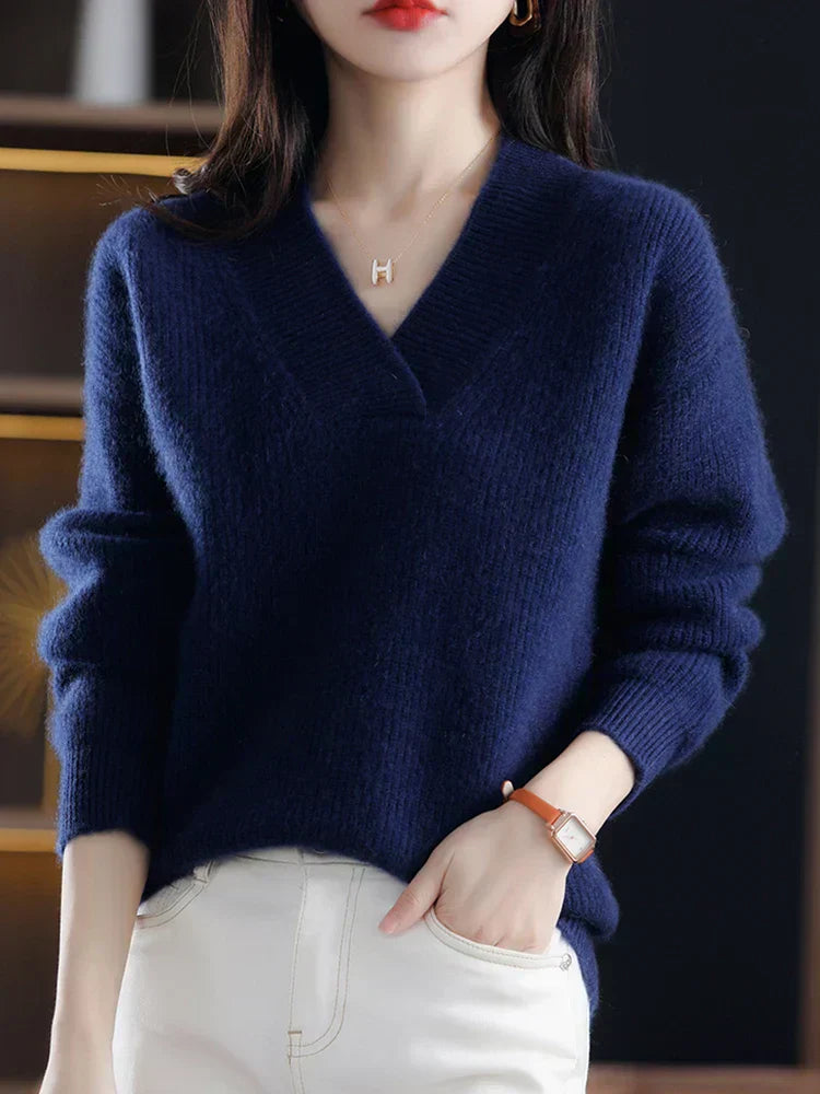 Damen Pullover V-Ausschnitt Langarm Strick