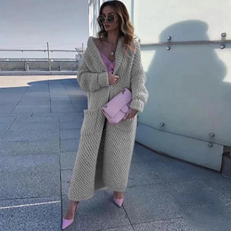 Langer Strickcardigan Offen mit Großen Taschen