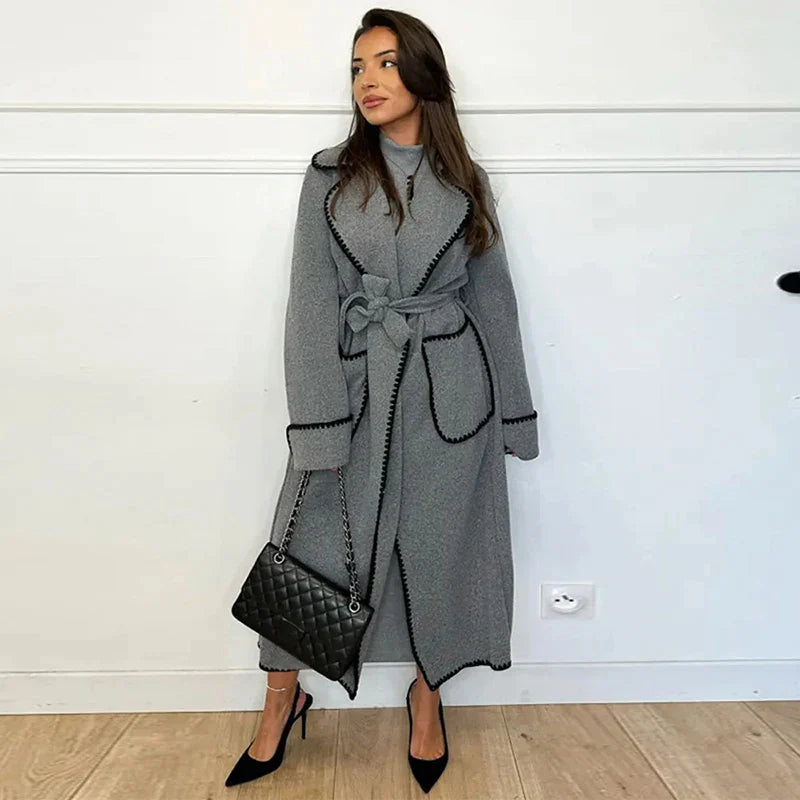 Damen-Trenchcoat Lang Kuschelig Wollig