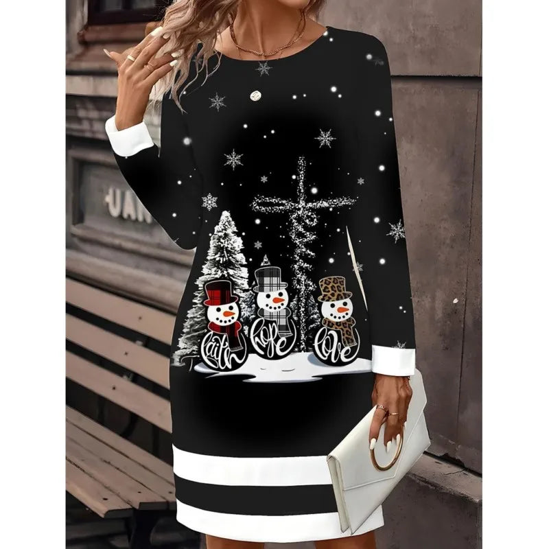 Weihnachtskleid Damen Schneemann Print Pulloverdress - IdealeKleiden
