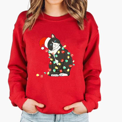 Weihnachtspullover Katze Lichterkette - Lustiger Katzen Sweater Winter