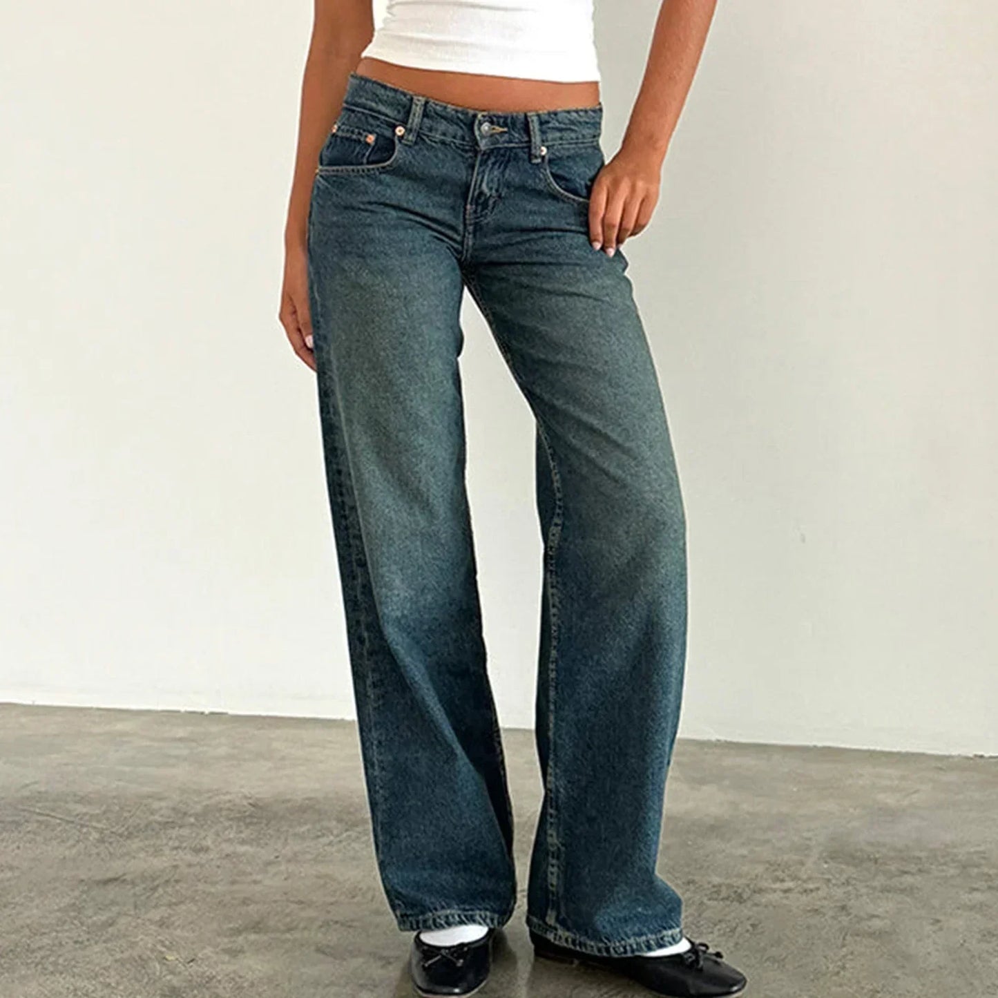 Damengestellte Jeans Weite Bein Retro Stil