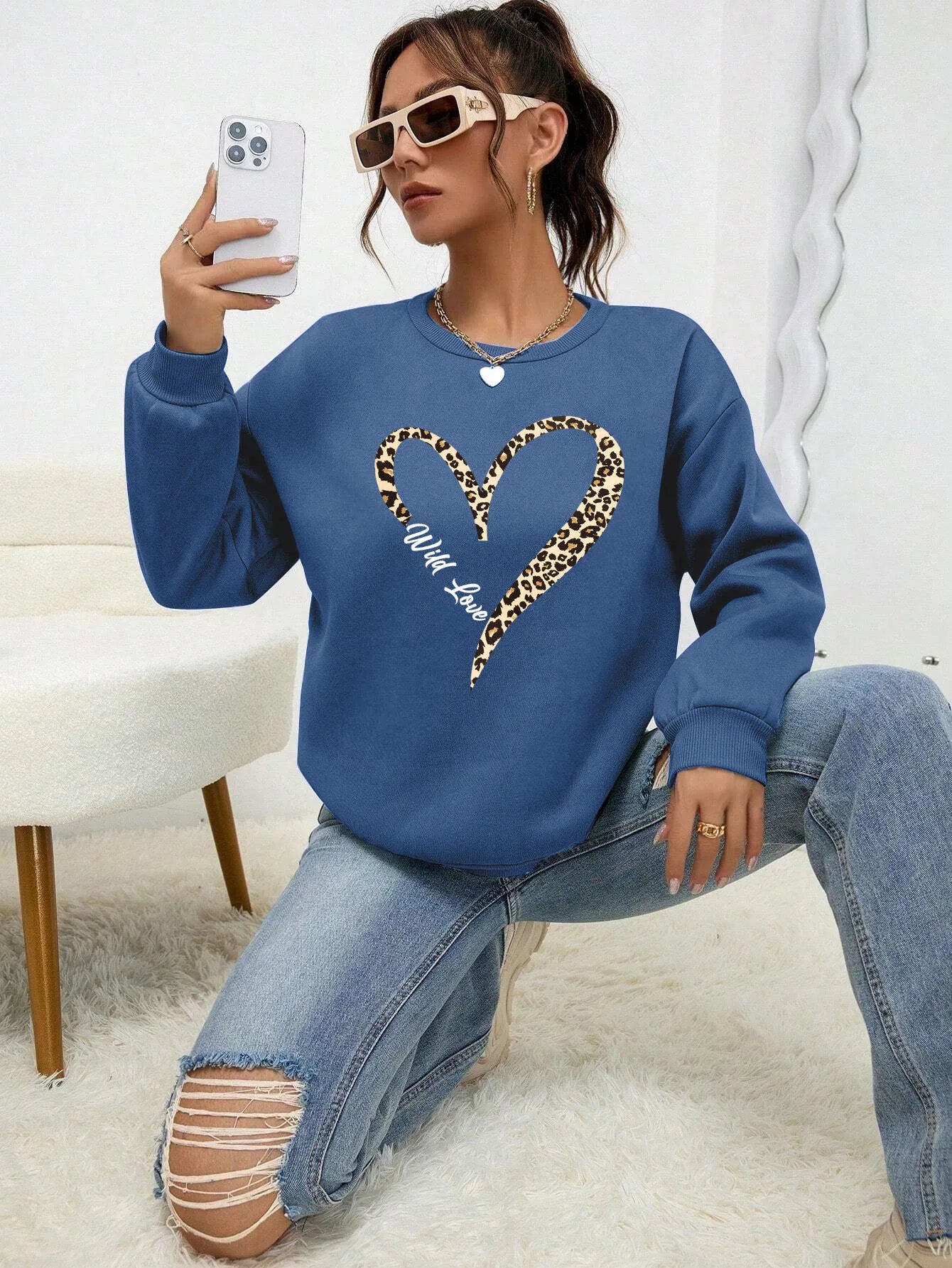 Modische Sweatjacke Leopard Herz Muster Frauen