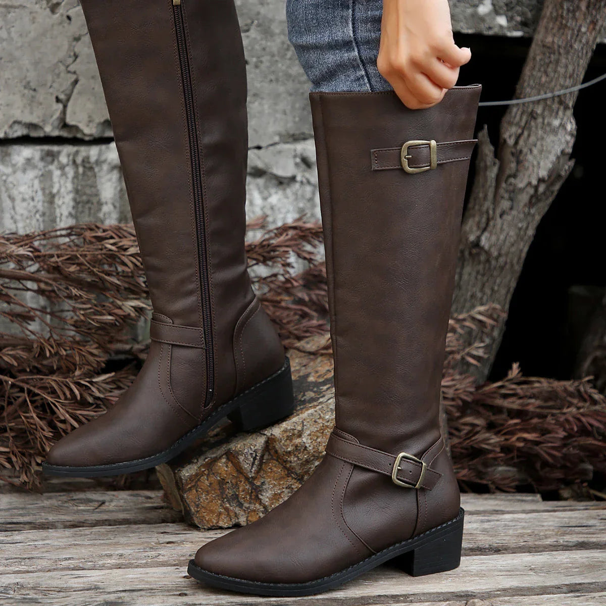 Stilvolle Reitstiefel Damen Schnalle Low Heel - IdealeKleiden