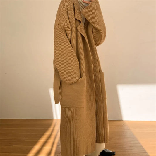Eleganter Herbst Mantel Lang Frauen Strickmode - IdealeKleiden