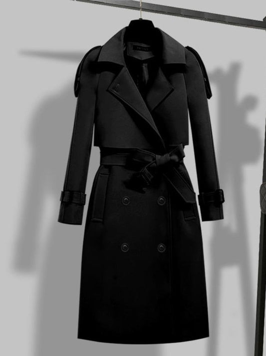 Eleganter Trenchcoat Lang Damenmantel Doppelfütterung Gürtel - IdealeKleiden