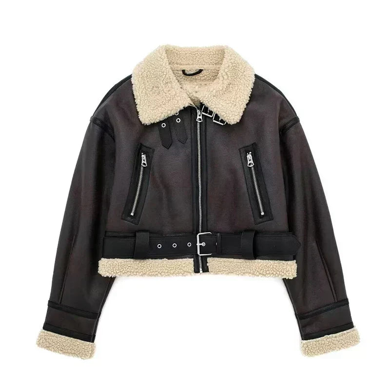 Lammfelljacke Damen Oversized Warm Wollfutter Reißverschluss
