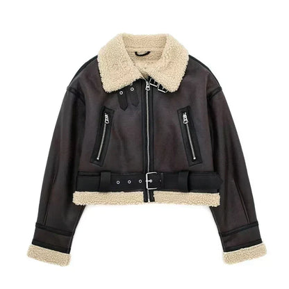 Lammfelljacke Damen Oversized Warm Wollfutter Reißverschluss