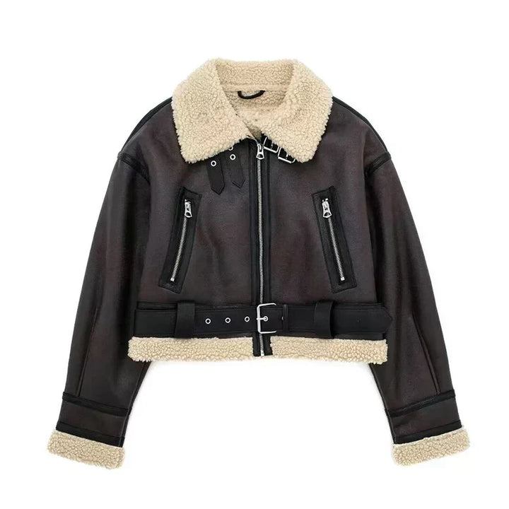Lammfelljacke Damen Oversized Warm Wollfutter Reißverschluss