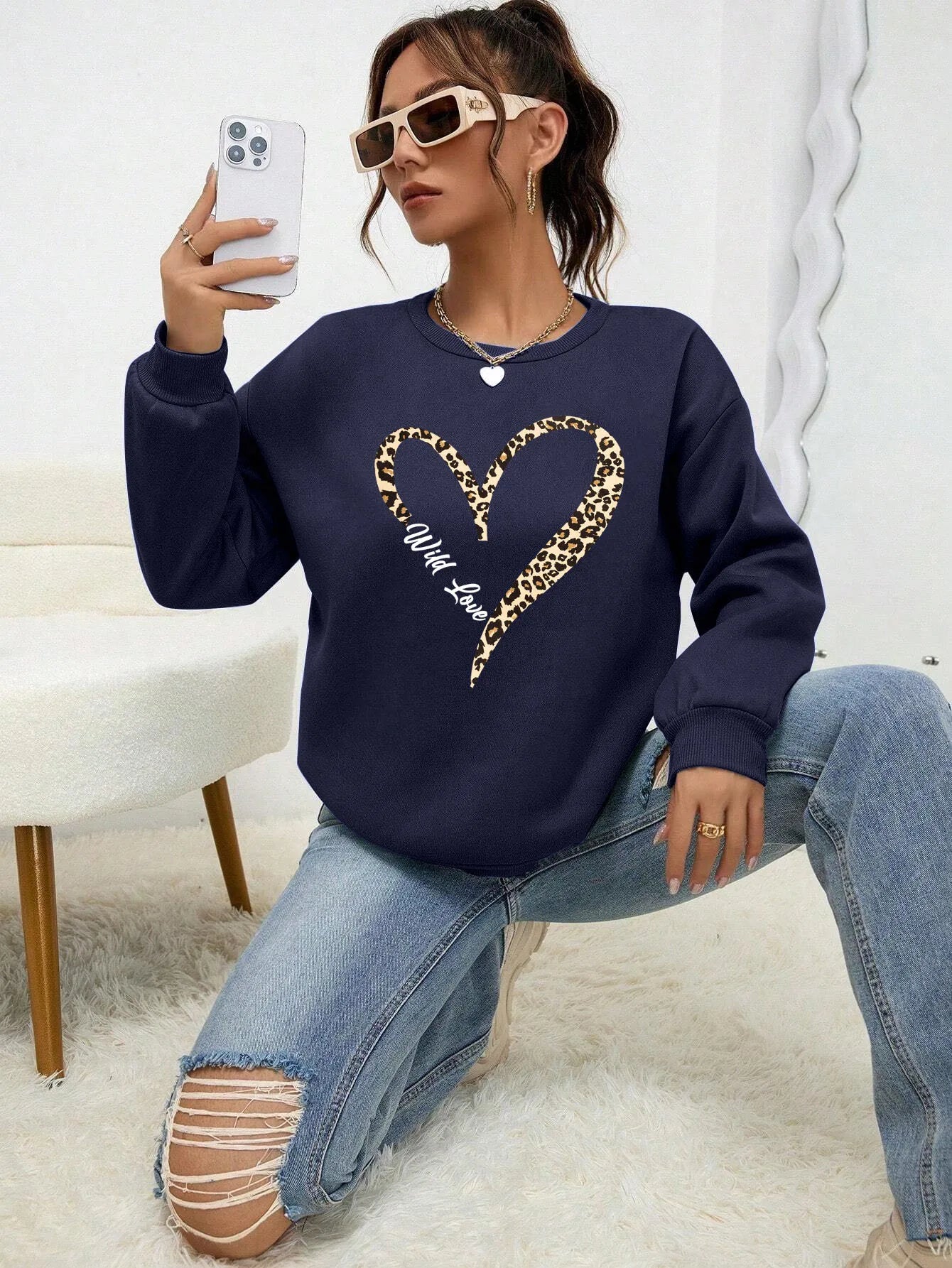 Modische Sweatjacke Leopard Herz Muster Frauen