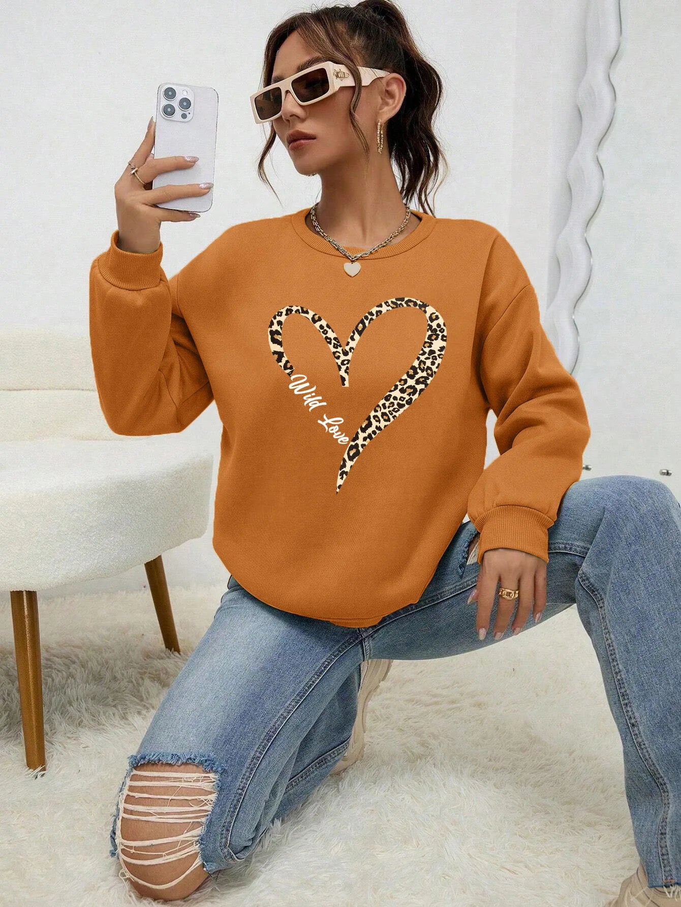 Modische Sweatjacke Leopard Herz Muster Frauen