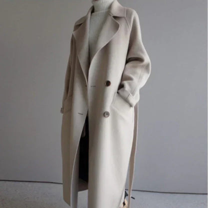 Eleganter Damen Wollmantel mit Taillengürtel Lang
