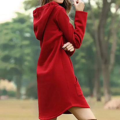 Damen Hoodie Kleid mit Kapuze und Seitentasche - IdealeKleiden