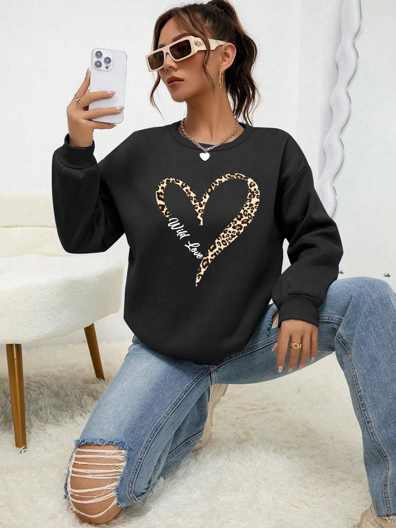 Modische Sweatjacke Leopard Herz Muster Frauen