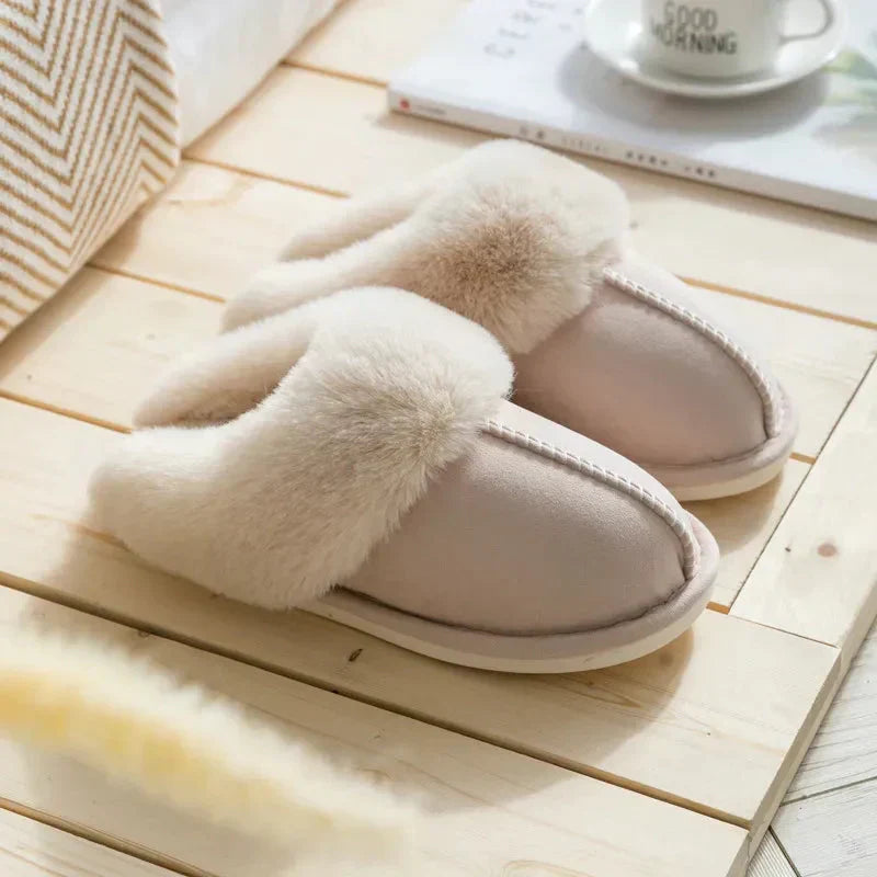 Damen Pantoffeln Plüsch Fellbesatz Gemütlich