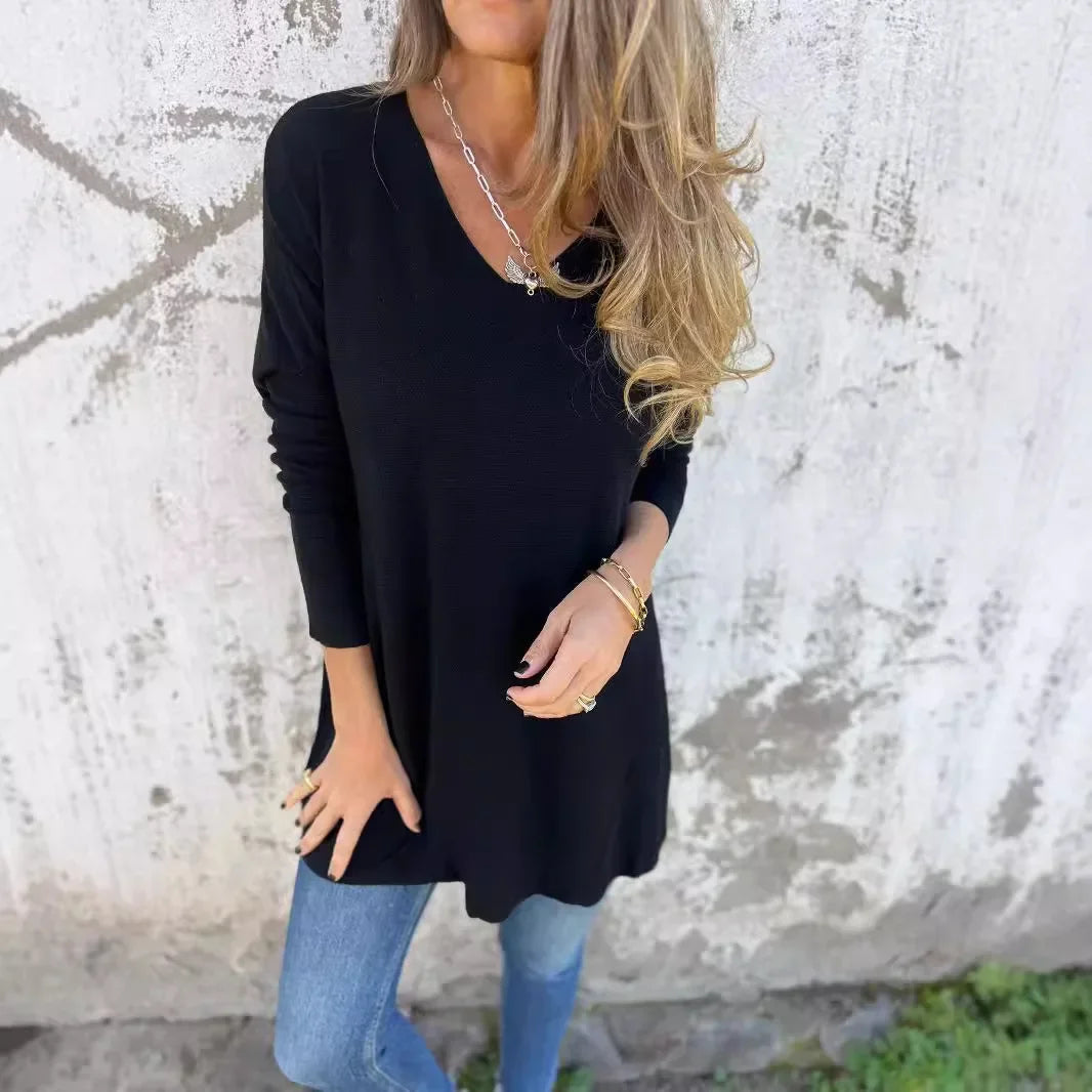 Damen Oberteil Herbst Chic Langarm V-Ausschnitt
