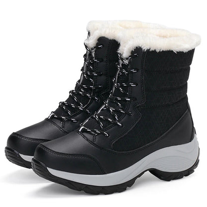 Winter Boots Damen Knöchelhoch mit Kunstpelz Futter Schnürsenkel Plateau Wasserfest