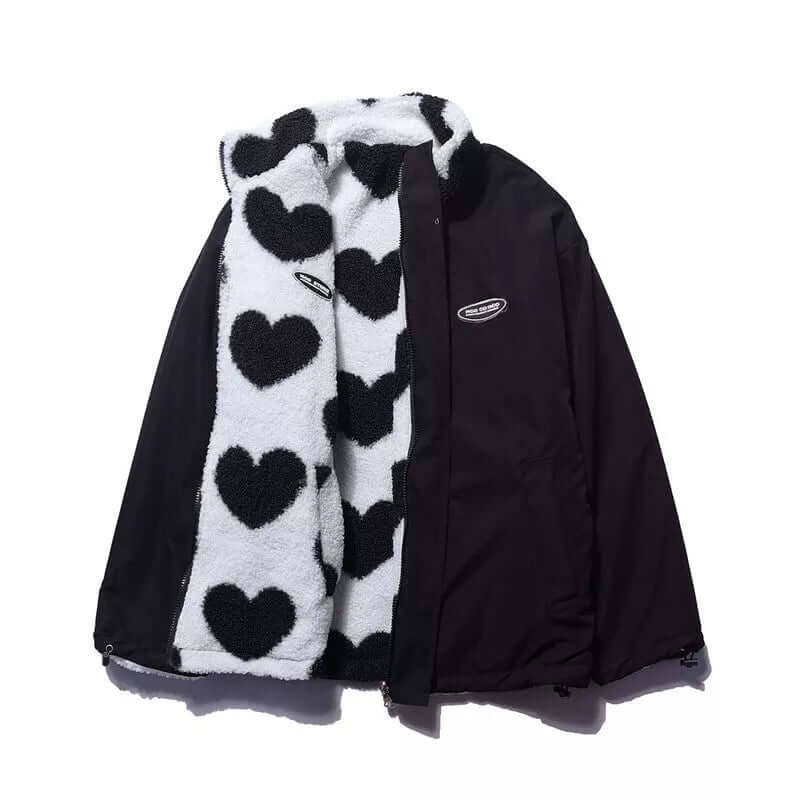 Herz-Druck Mantel Wendbar Plüsch Fleece Damen