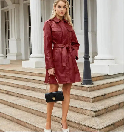 Kunstleder Kleid Elegant Langärmelig