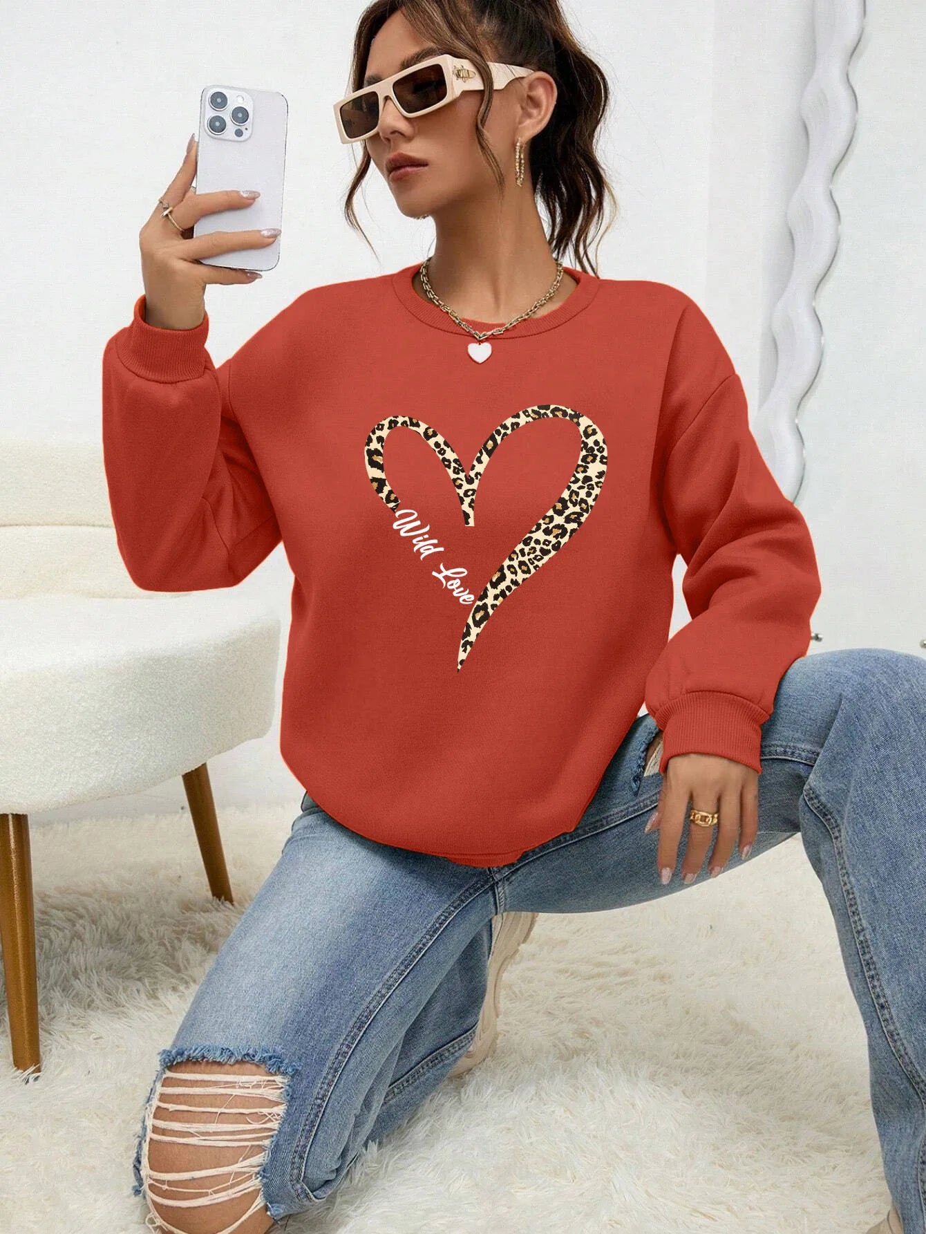 Modische Sweatjacke Leopard Herz Muster Frauen