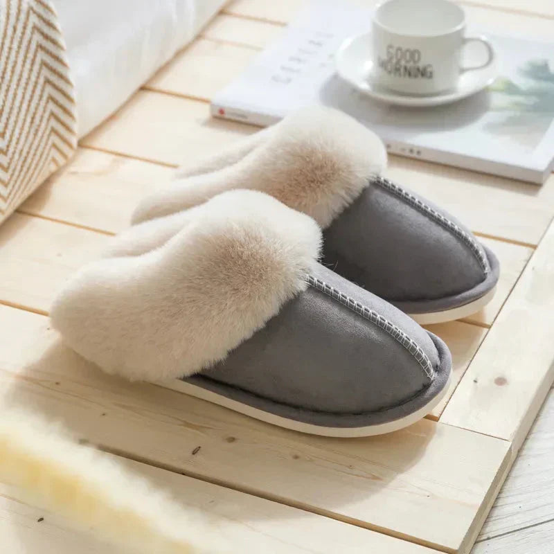 Damen Pantoffeln Plüsch Fellbesatz Gemütlich