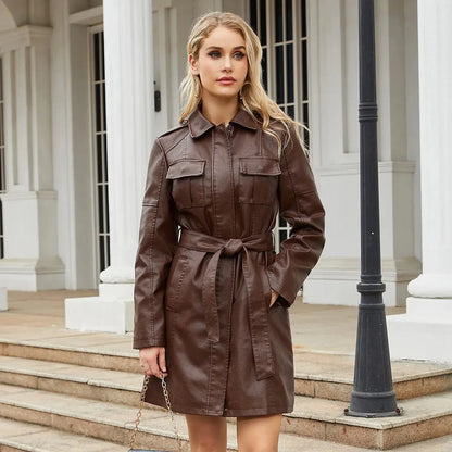 Kunstleder Kleid Elegant Langärmelig