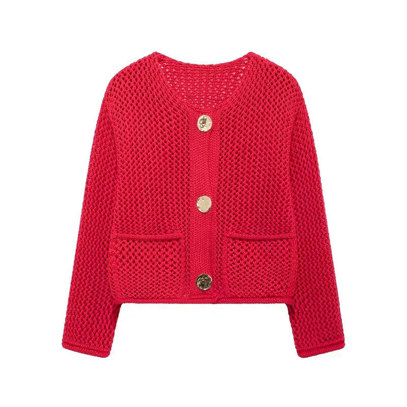 Leichte Strickjacke mit Vordertaschen Mesh Optik - IdealeKleiden