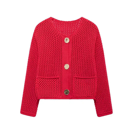 Leichte Strickjacke mit Vordertaschen Mesh Optik - IdealeKleiden