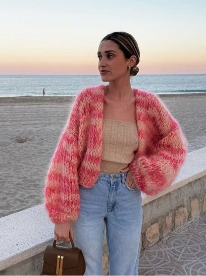 Damen Strickjacke Locker Geschnürt Streifenlook
