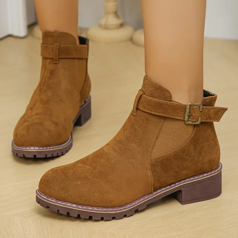 Winterstiefel Damen Schnalle Runde Zehe Chunky Heel - IdealeKleiden