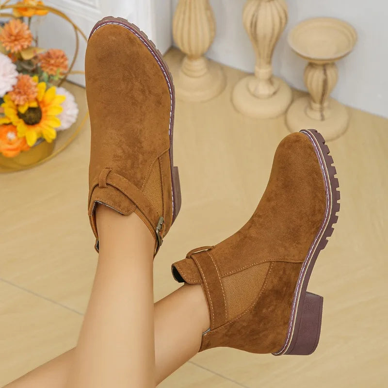 Winterstiefel Damen Schnalle Runde Zehe Chunky Heel
