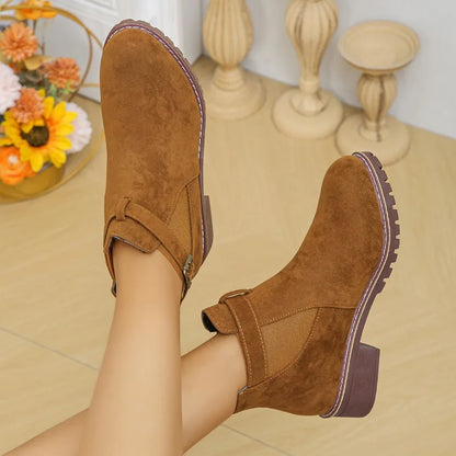 Winterstiefel Damen Schnalle Runde Zehe Chunky Heel