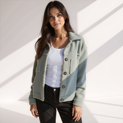 Damen Herbstjacke Weich Teddylook mit Knöpfen